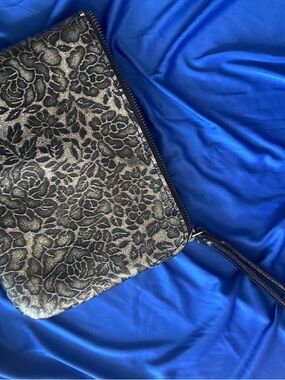 Patricia Nash Metallic Black Floral Wristlet Clutch or makeup bag